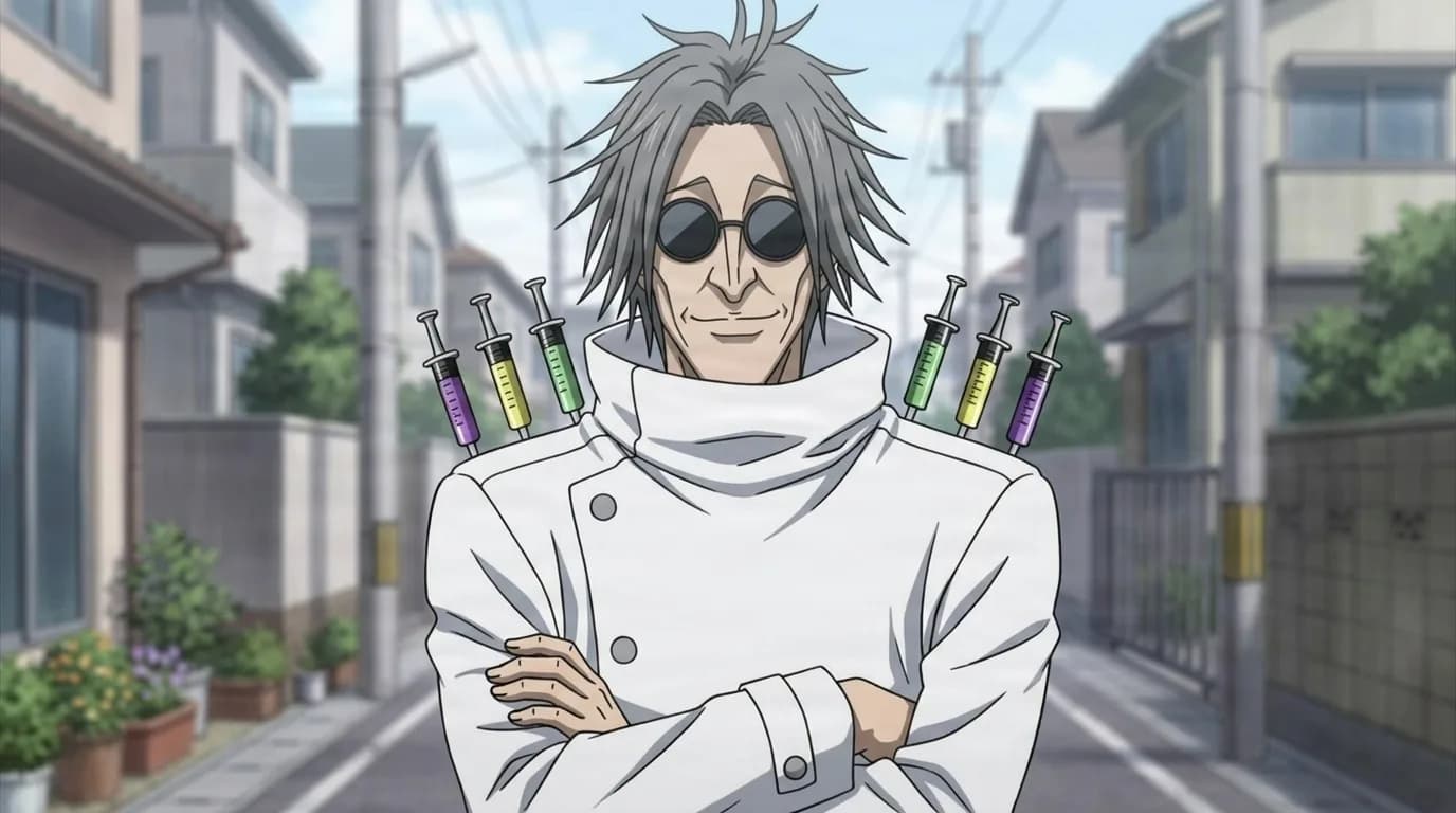 Mad Horiguchi smirking with arms crossed on a sunny suburban street, dark round shades, white high collared coat, syringes at his shoulders.