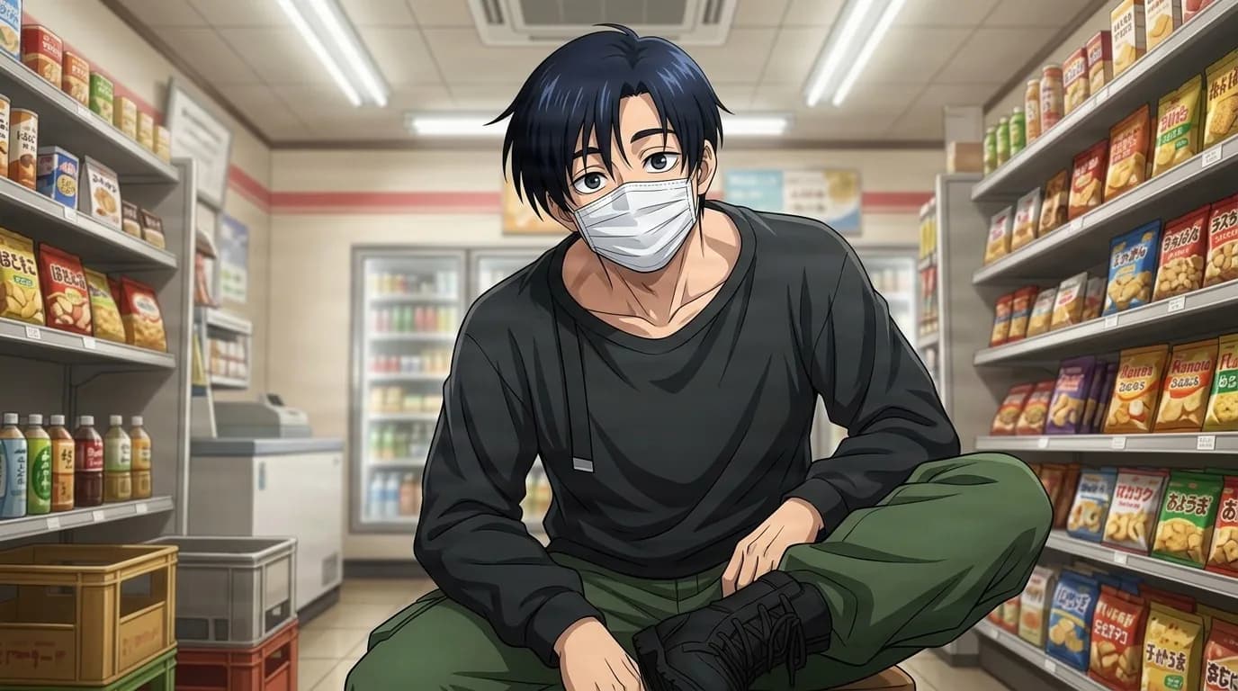 Mafuyu Seba crouching in a convenience store aisle, white surgical mask over her face, messy dark blue hair, black sweatshirt, olive pants and boots