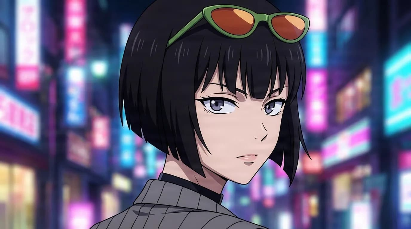 Obiguro looking back over her shoulder on a neon lit street, black bob, green sunglasses pushed up, grey pinstripe jacket.