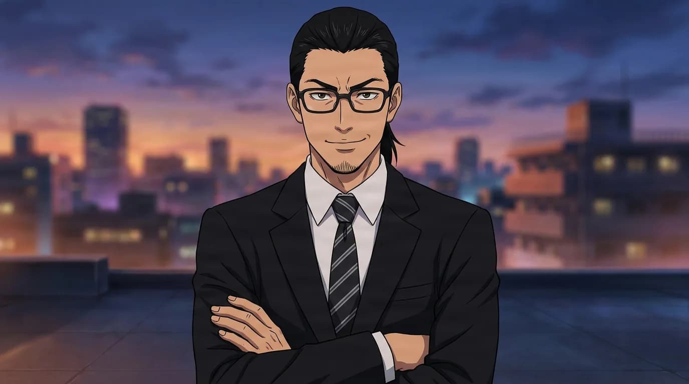 Oki, a man with a slicked-back ponytail and glasses in a black suit and striped tie, arms crossed on a rooftop at dusk.