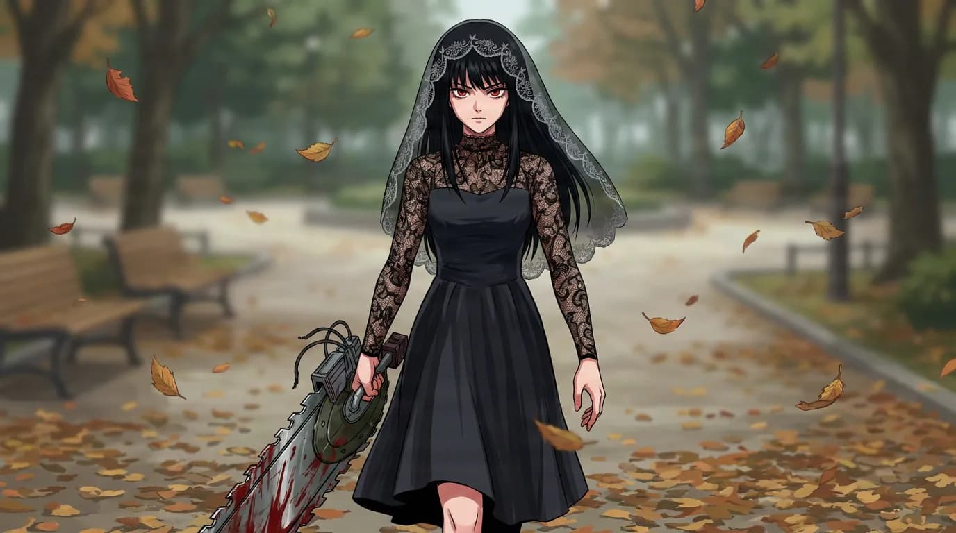Osaragi, a black-haired woman in a black lace dress and veil, carrying a bloodied chainsaw through an autumn park.