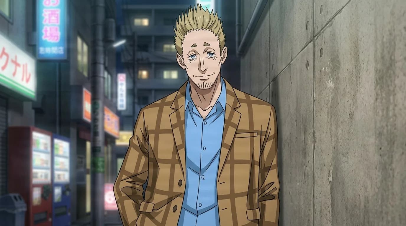 Saw standing in a neon lit night street, spiky blond hair and stubble, tan plaid blazer over an open blue shirt.