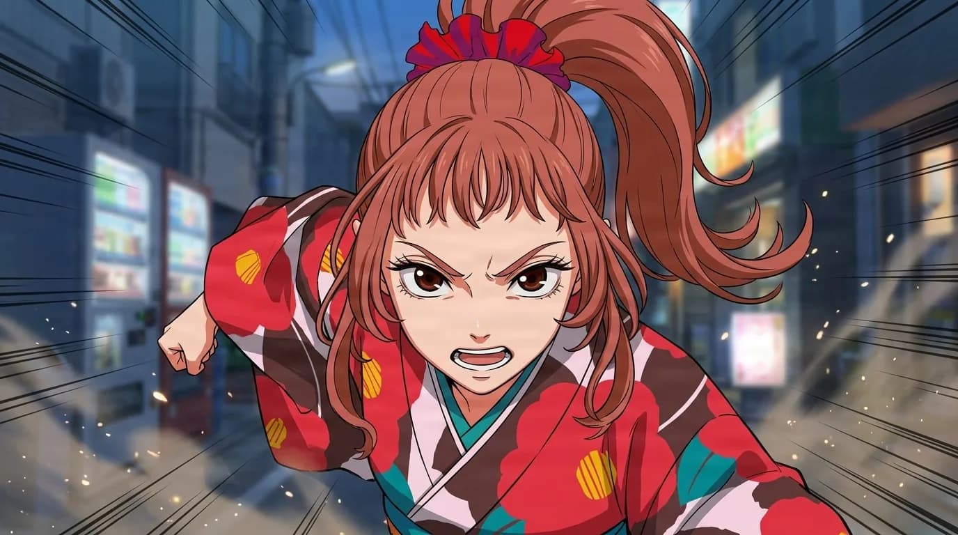 Shiina Saionji charging down a neon alley with a clenched fist and a furious snarl, auburn ponytail and a red floral kimono