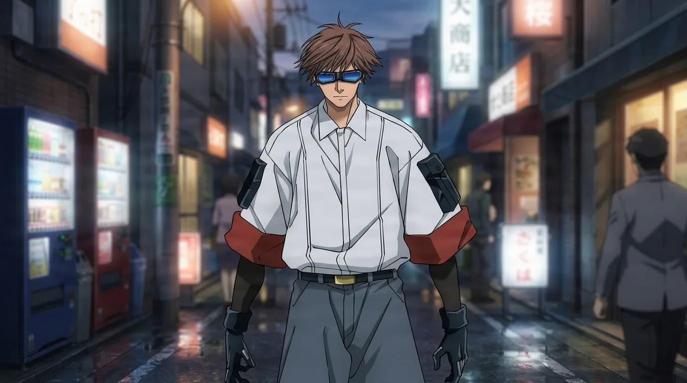 Shinaya walking a neon lit street at night, spiky brown hair, blue tinted visor, oversized white shirt with red cuffs.