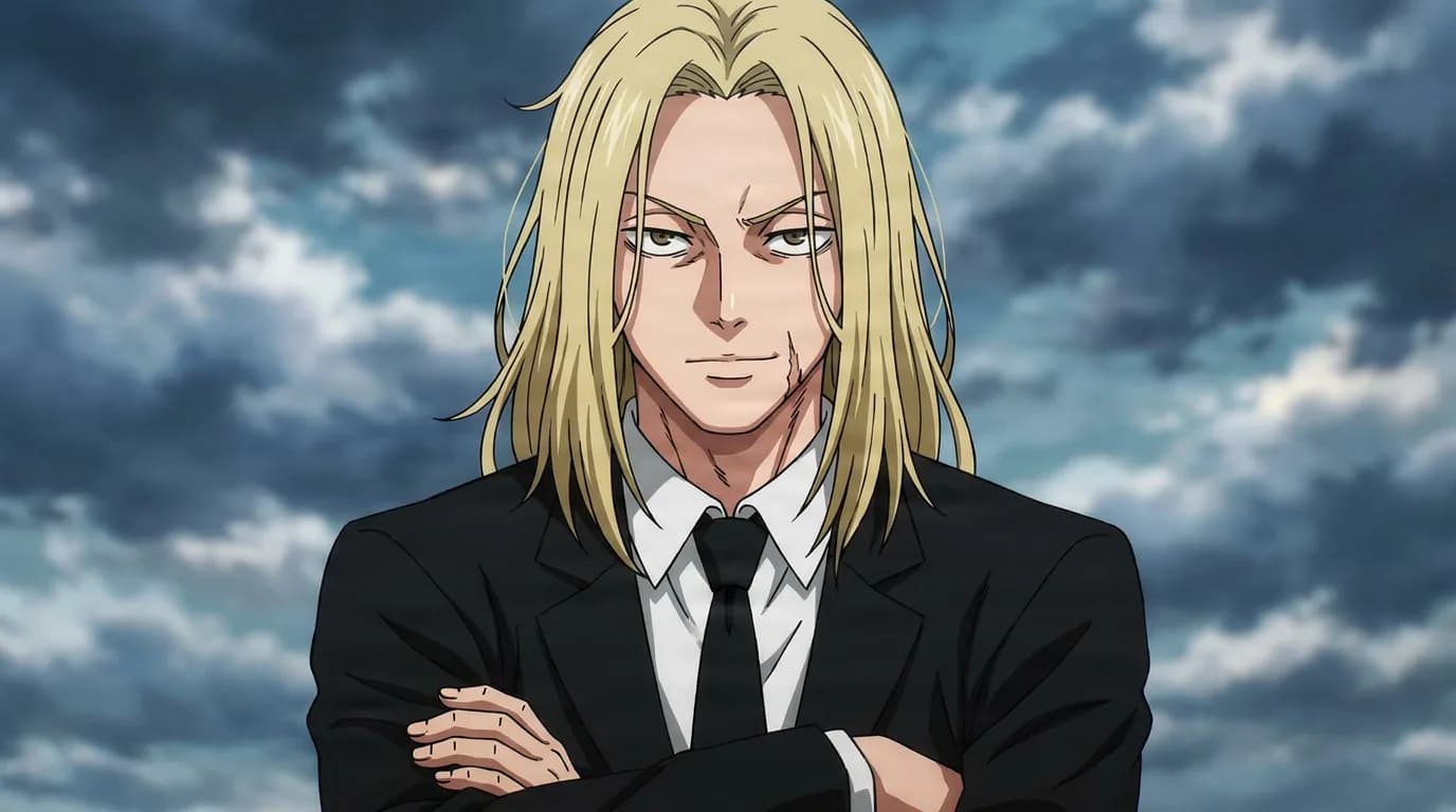 Shishiba, a long blond-haired man with a facial scar in a black suit and tie, arms crossed under a cloudy sky.