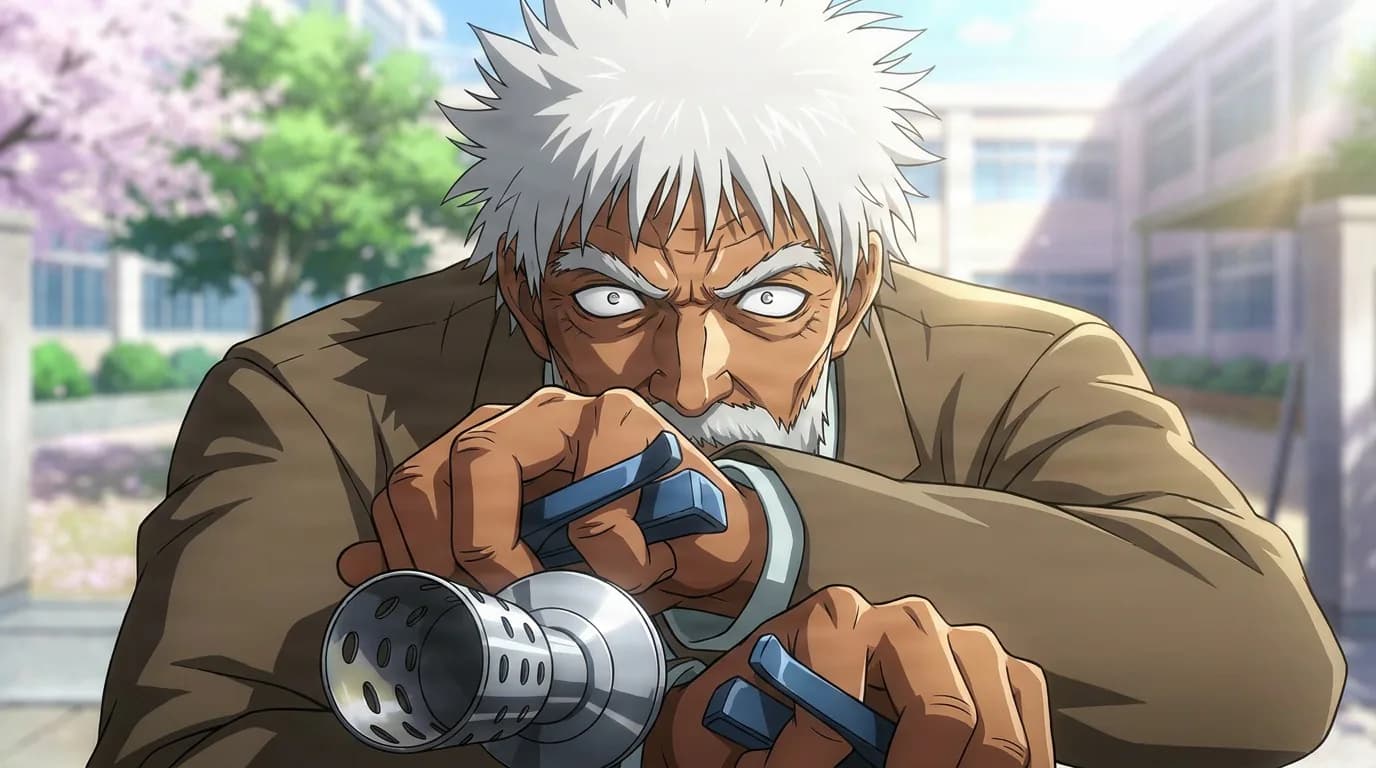 Torres, a muscular elderly man with spiky white hair and beard, gripping a metal weapon in a school courtyard.