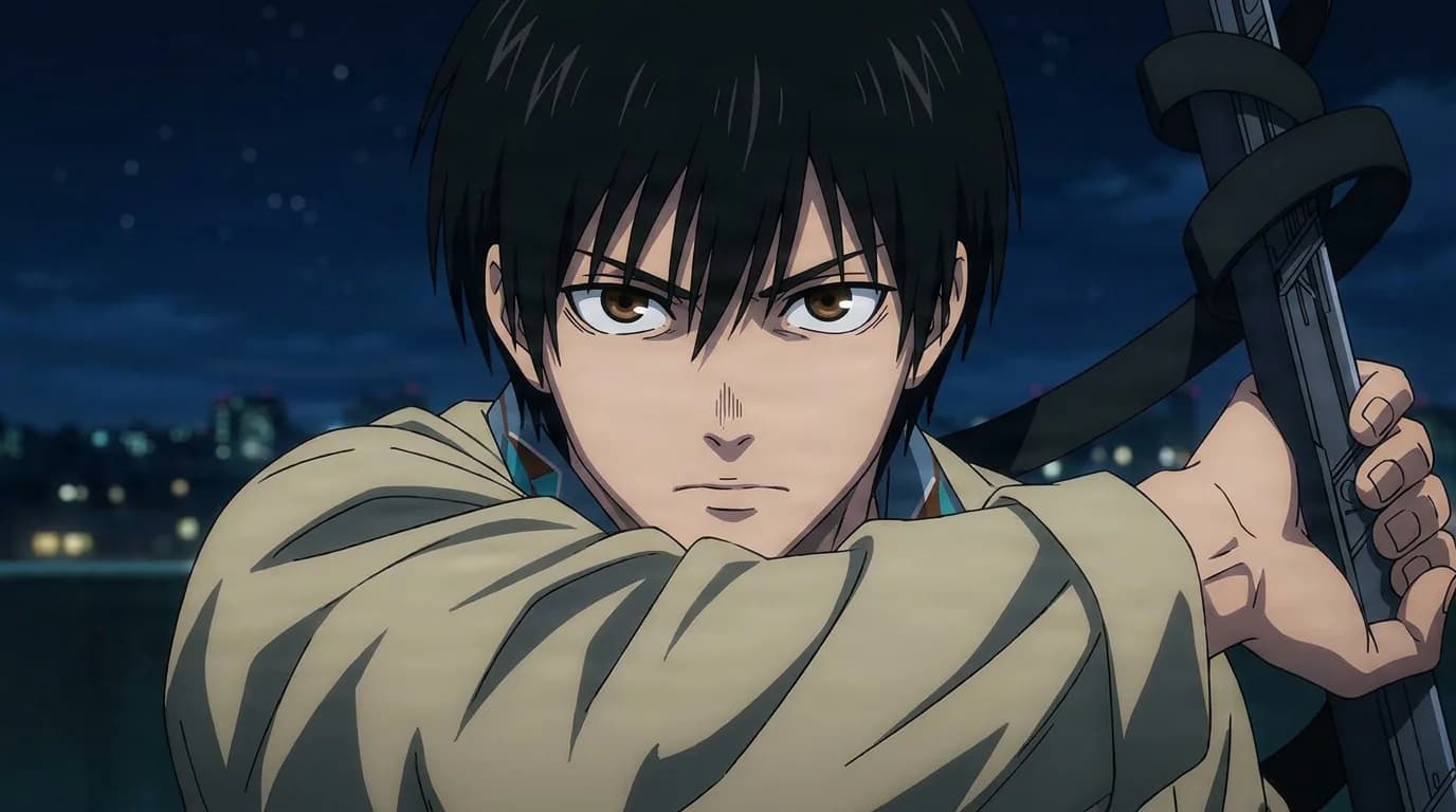 Yoichi Nagumo, a black-haired young man in a tan jacket gripping a sheathed sword, city skyline behind him at night.