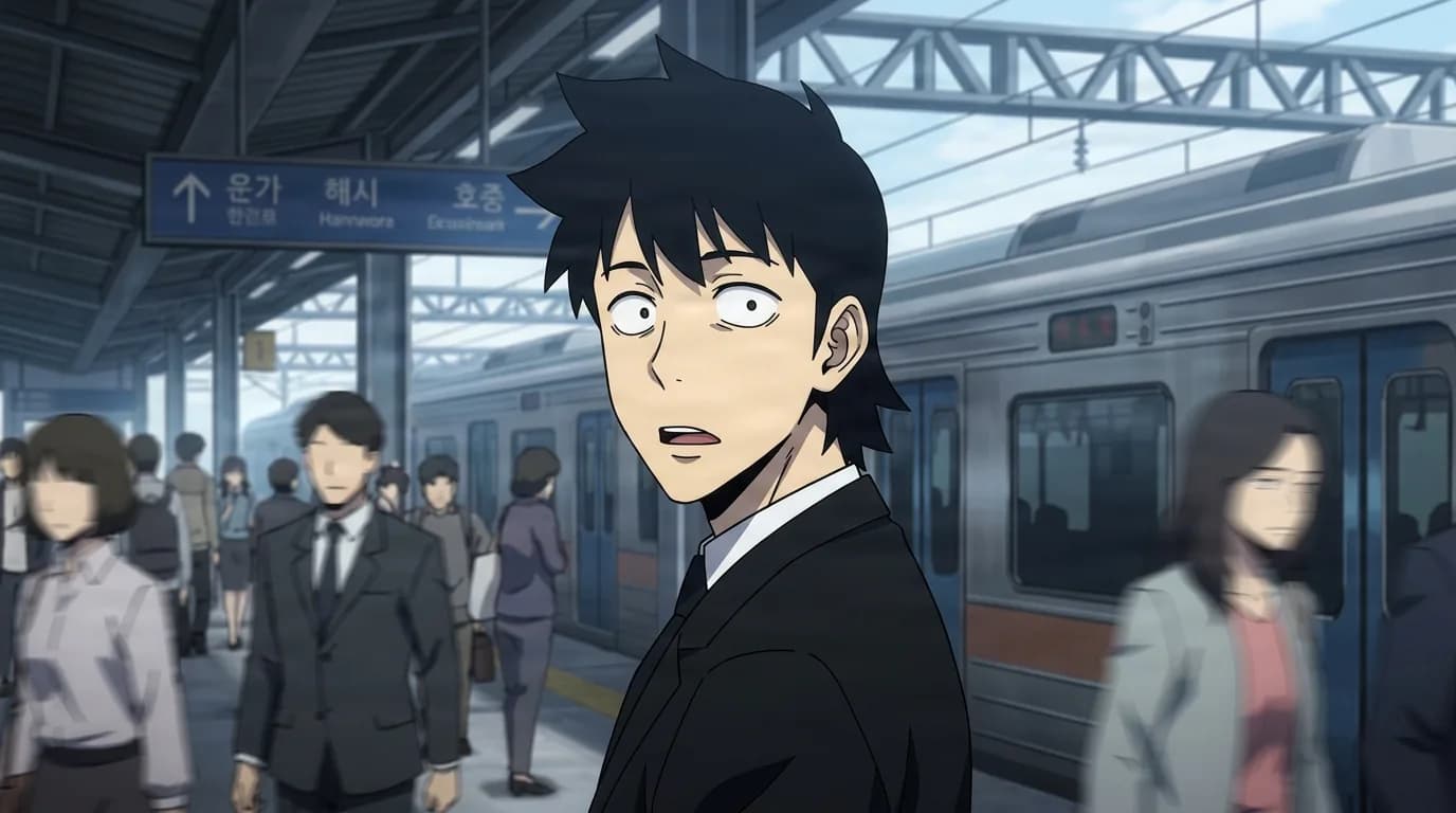 暗いスーツの若い男が、韓国の駅の標識の下、電車とぼやけた通勤客を背に、混み合う駅のホームで目を見開いて肩越しに振り返っている