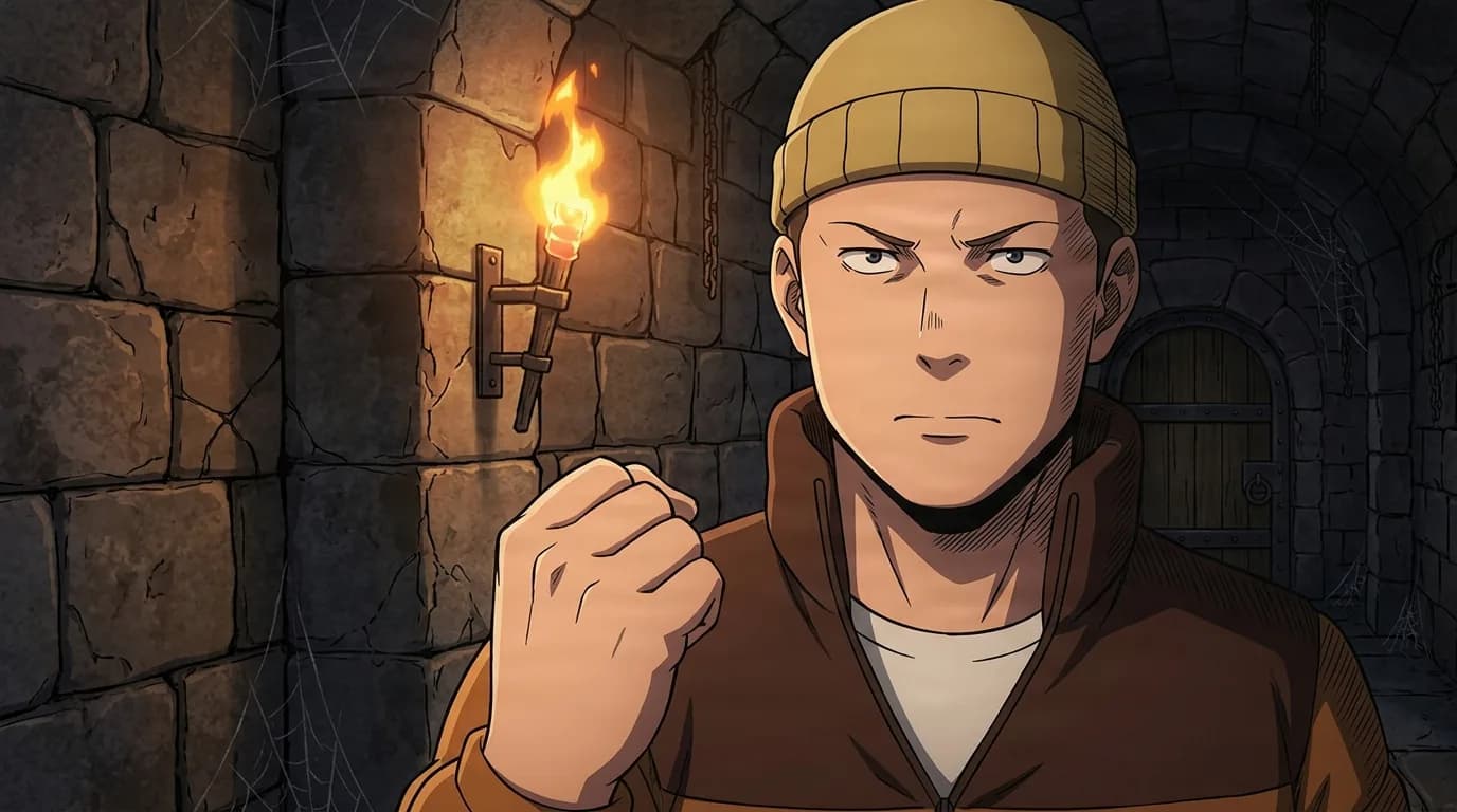 A young man in a tan beanie and brown padded jacket raises a clenched fist with a determined stare inside a torch-lit stone dungeon corridor