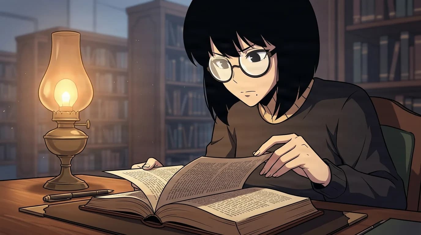 A woman with a black bob and round glasses turns the page of a large open book at a wooden desk, a brass oil lamp glowing beside her in a dim library
