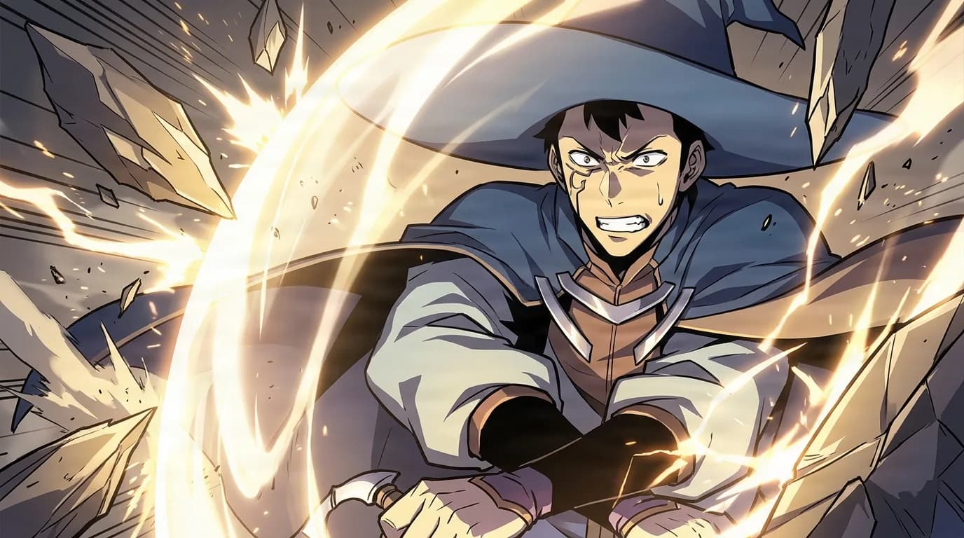A gritting man in a gray hunter cloak braces behind a glowing dome of golden light as shattered rock and sparks fly past him.
