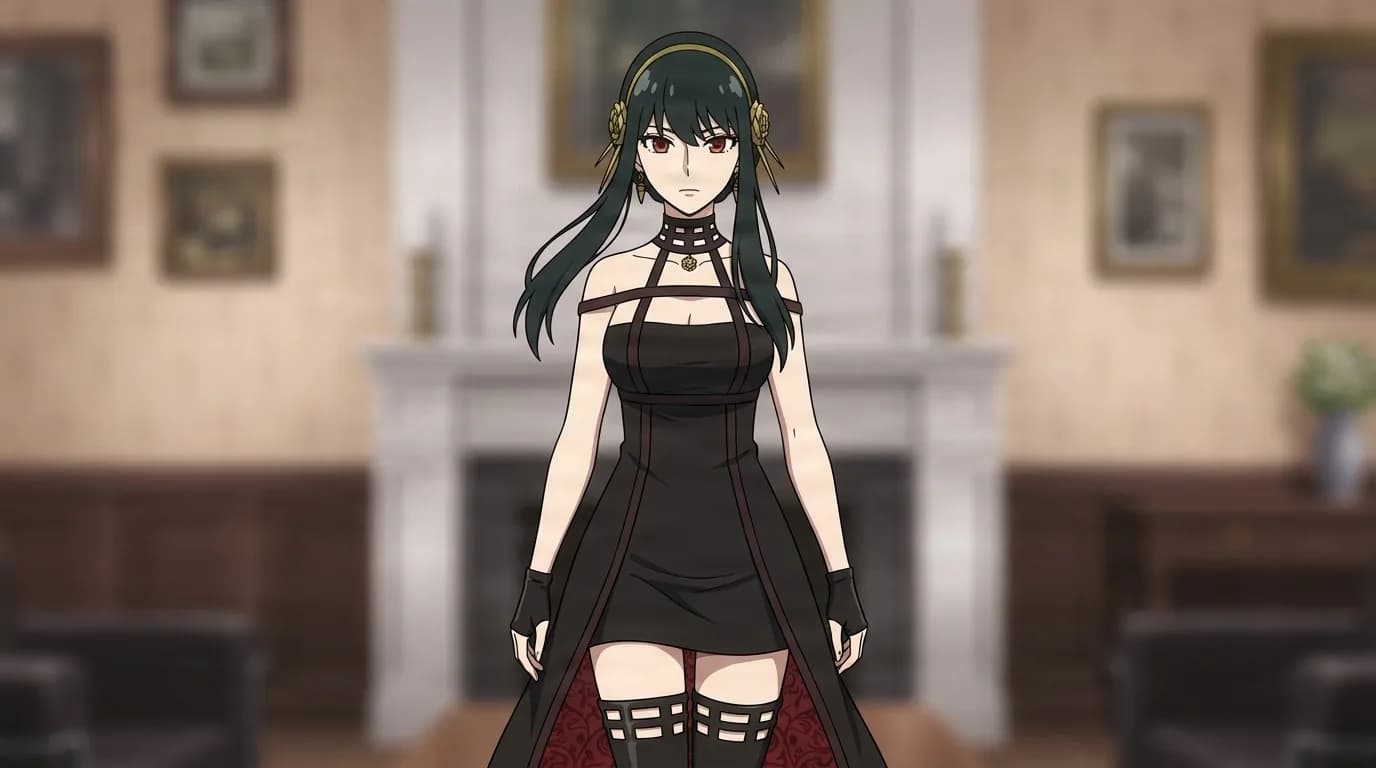 Thorn Princess stands still in a black strapped assassin dress and gold headband before a white fireplace in a portrait lined parlor.