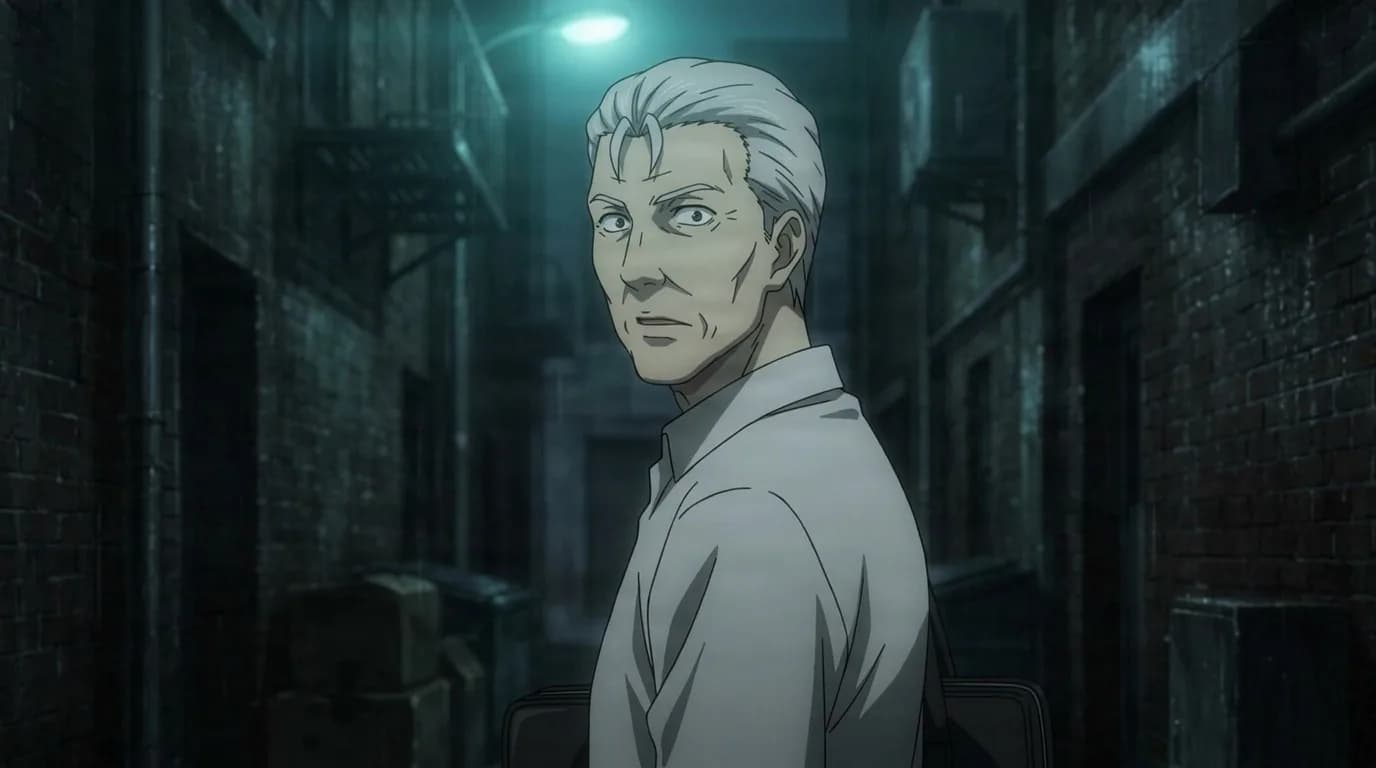Akihiro Kanou looking back over his shoulder in a dark rain slick alley lit green, silver hair swept back, white shirt, case in hand