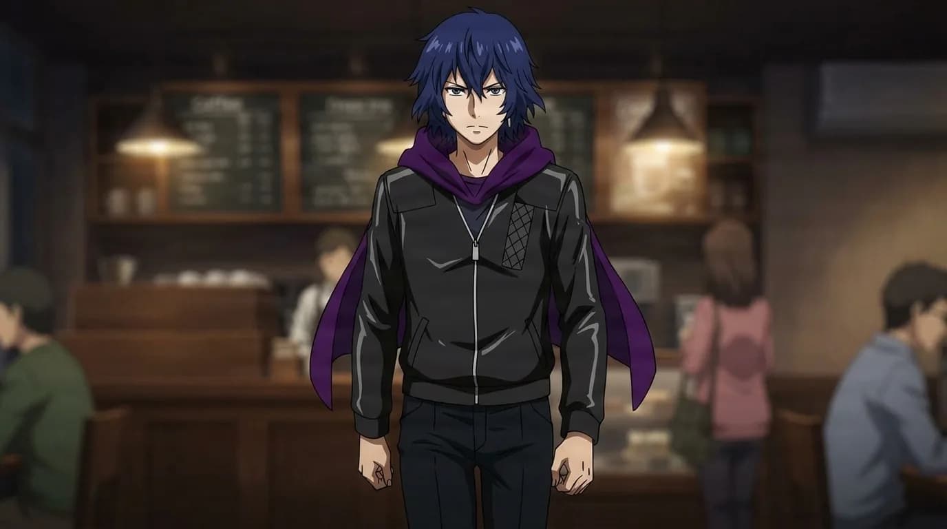 Ayato Kirishima, a blue-haired young man in a black jacket with a purple hood, standing inside a dim cafe.