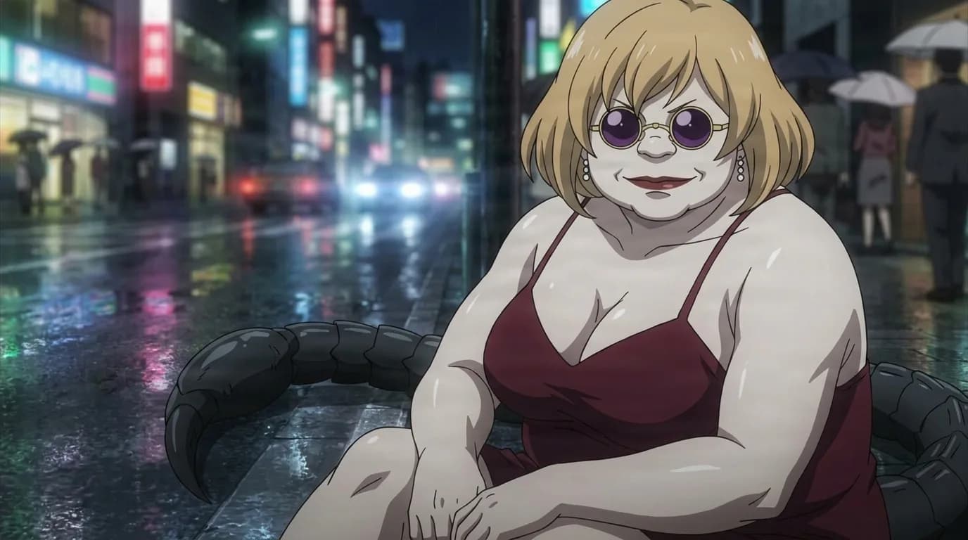 Big Madam seated on a rainy neon street, a heavy blonde woman in round purple sunglasses and a red slip dress with a dark segmented tail