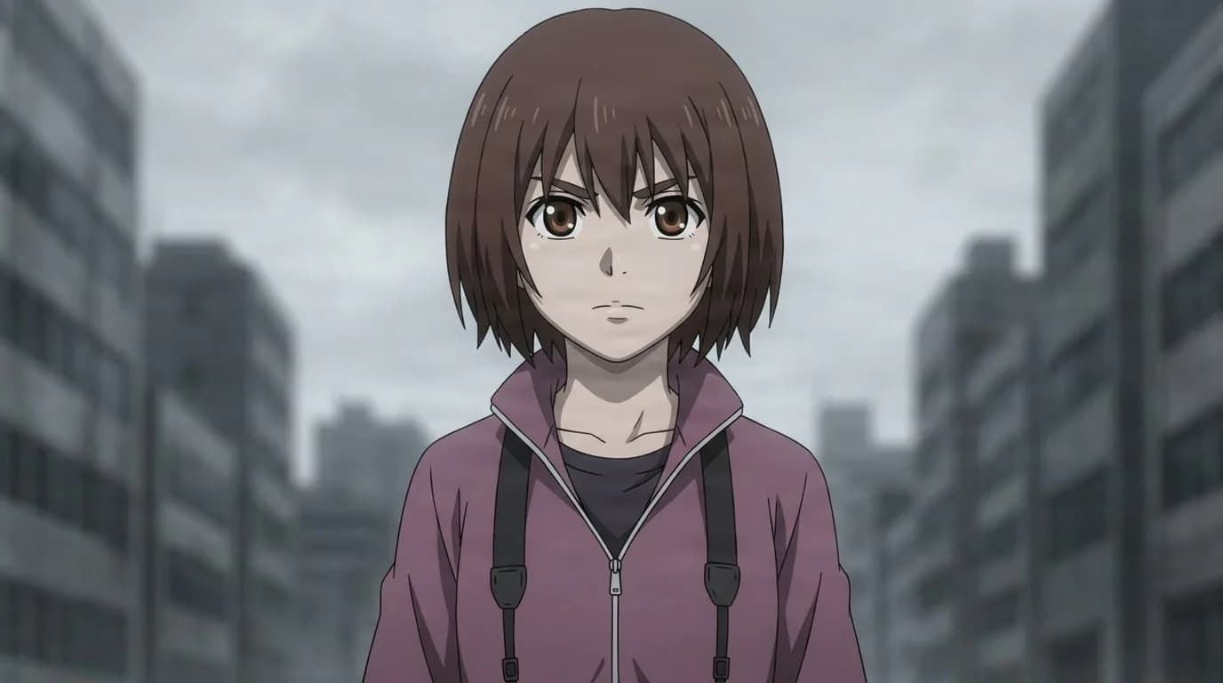 Chie Hori facing the camera with a blank stare, short brown bob, mauve zip hoodie and backpack straps, gray city skyline behind