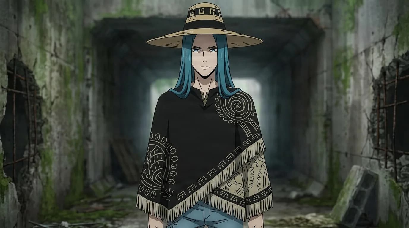 Hanbee Abara standing in a ruined mossy corridor, wearing a wide straw hat over long teal hair and a fringed black patterned poncho