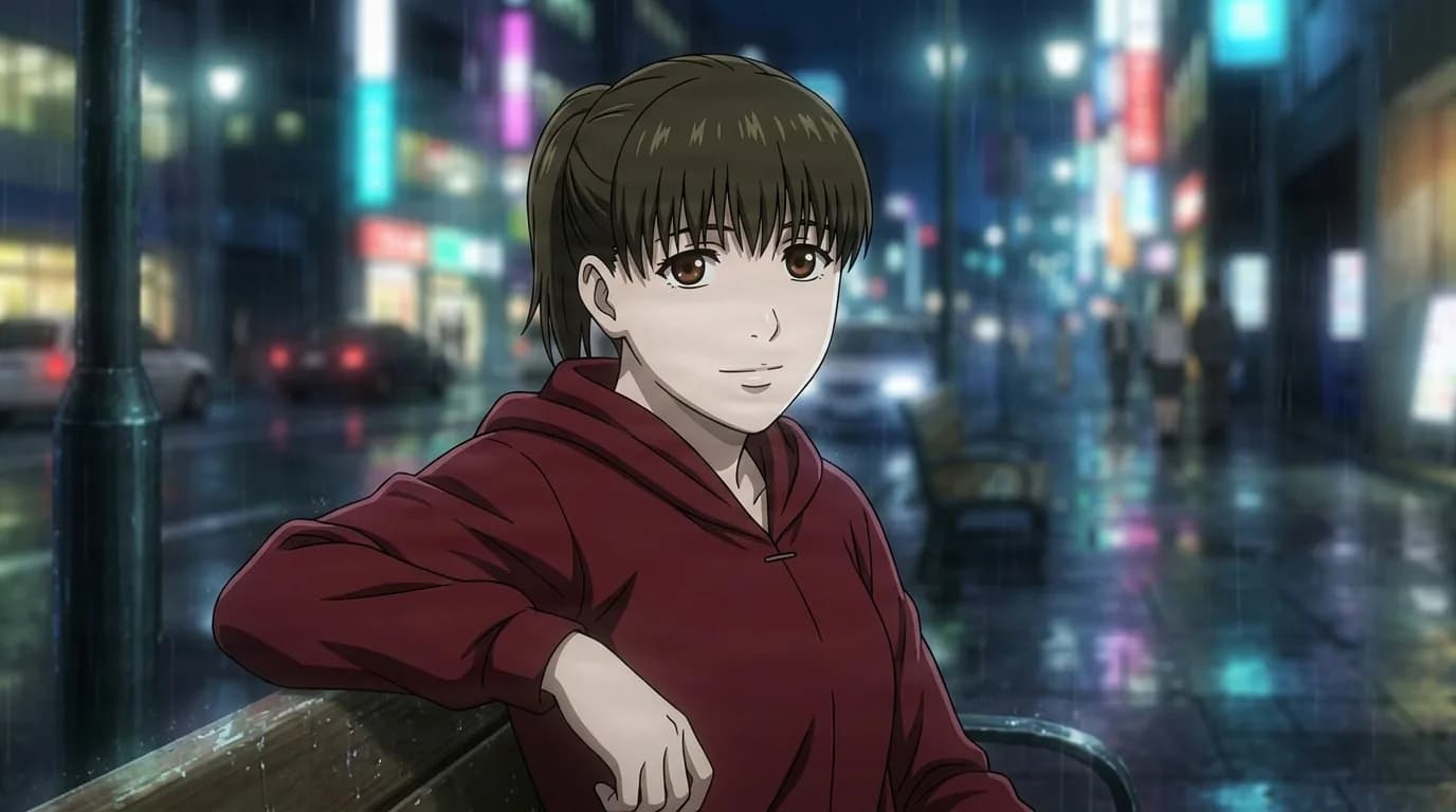 Haru, a young person with a dark ponytail and gentle smile, leaning on a railing along a rainy neon-lit street at night