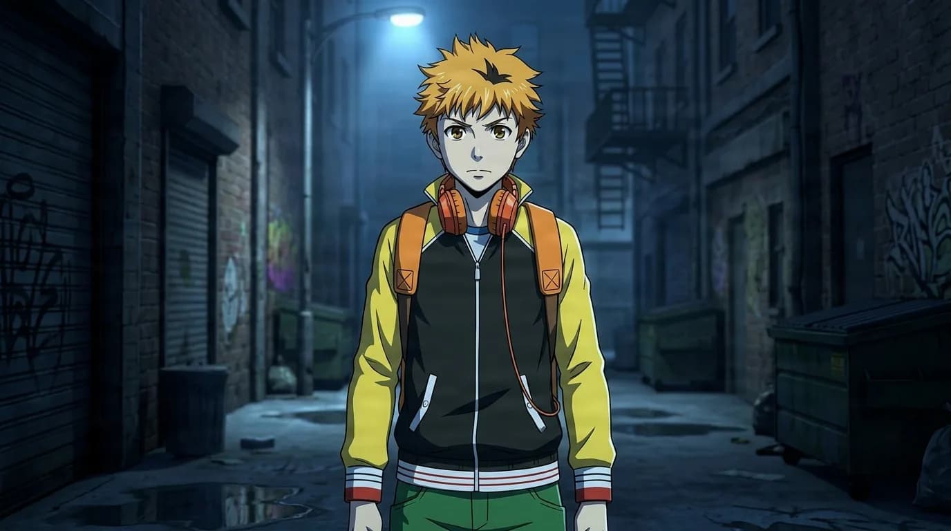 Hideyoshi Nagachika standing in a dim alley at night, orange hair and headphones at his neck, yellow jacket and backpack