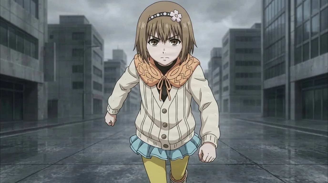 Hinami Fueguchi, a brown-haired girl with a flower headband in a cream cardigan and blue skirt, on a gray rainy street.
