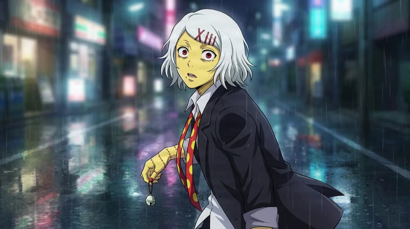 Juuzou Suzuya, a white-haired youth with red stitches and an XIII pin, in a suit holding a bell on a rainy neon street.
