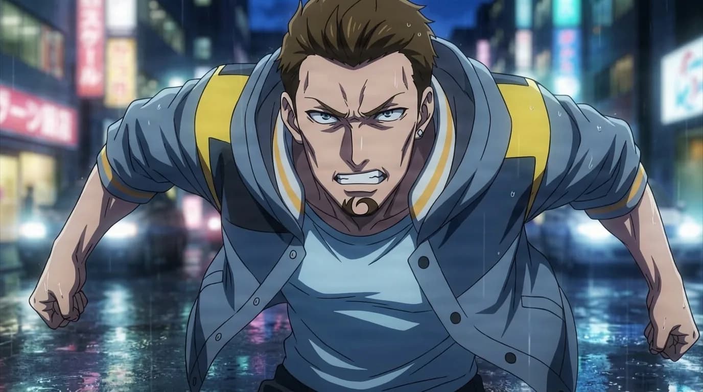 Kazuichi Banjou charging forward with teeth bared and fists clenched, spiked hair and chin piercing, open grey jacket, rainy neon street