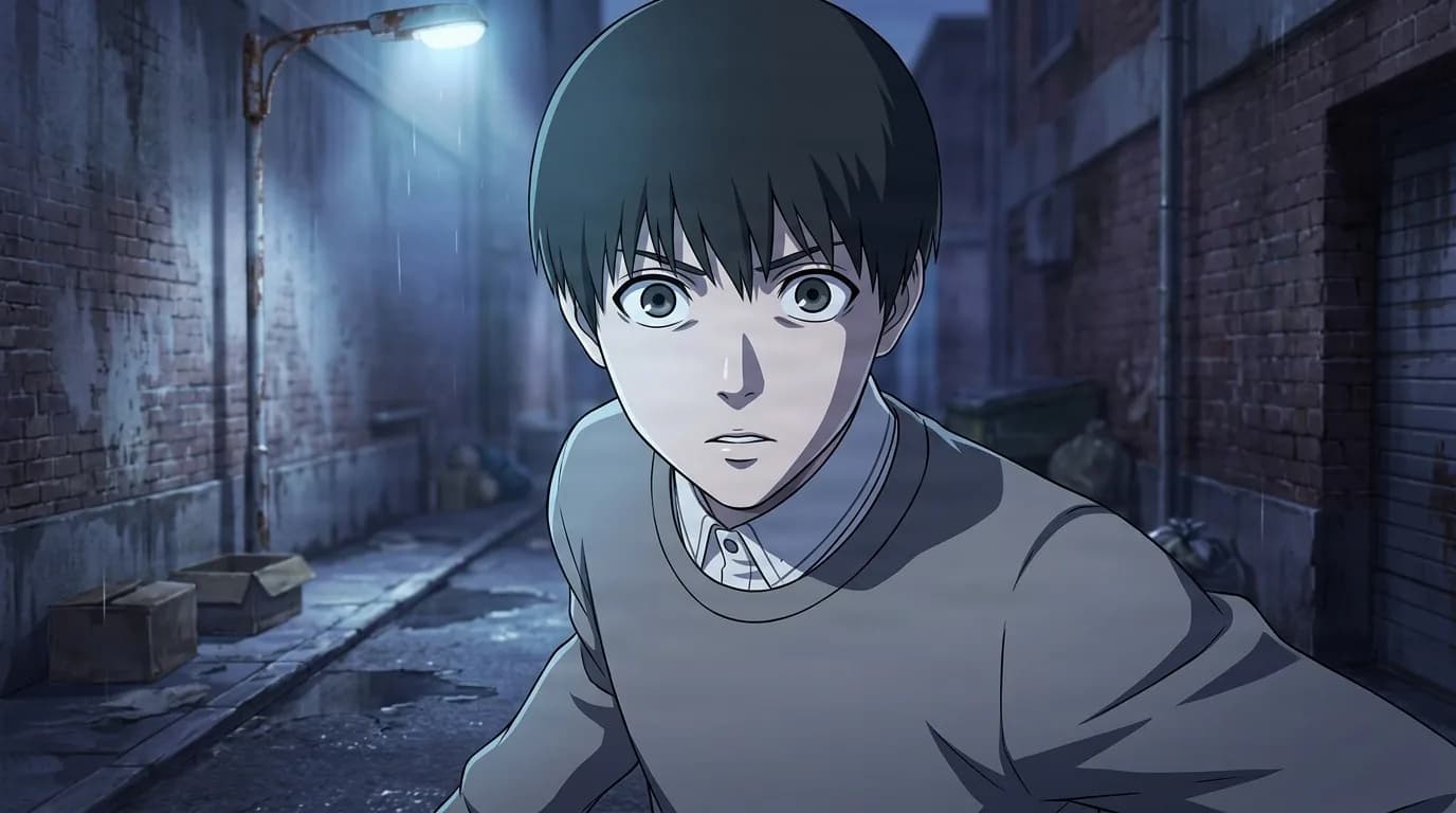 Ken Kaneki, a black-haired young man in a gray sweater, crouching in a dark rainy alley under a streetlight.