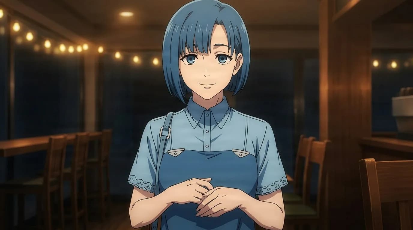 Kimi Nishino in a blue shirt and apron, hands clasped with a soft smile, in a dim cafe strung with lights