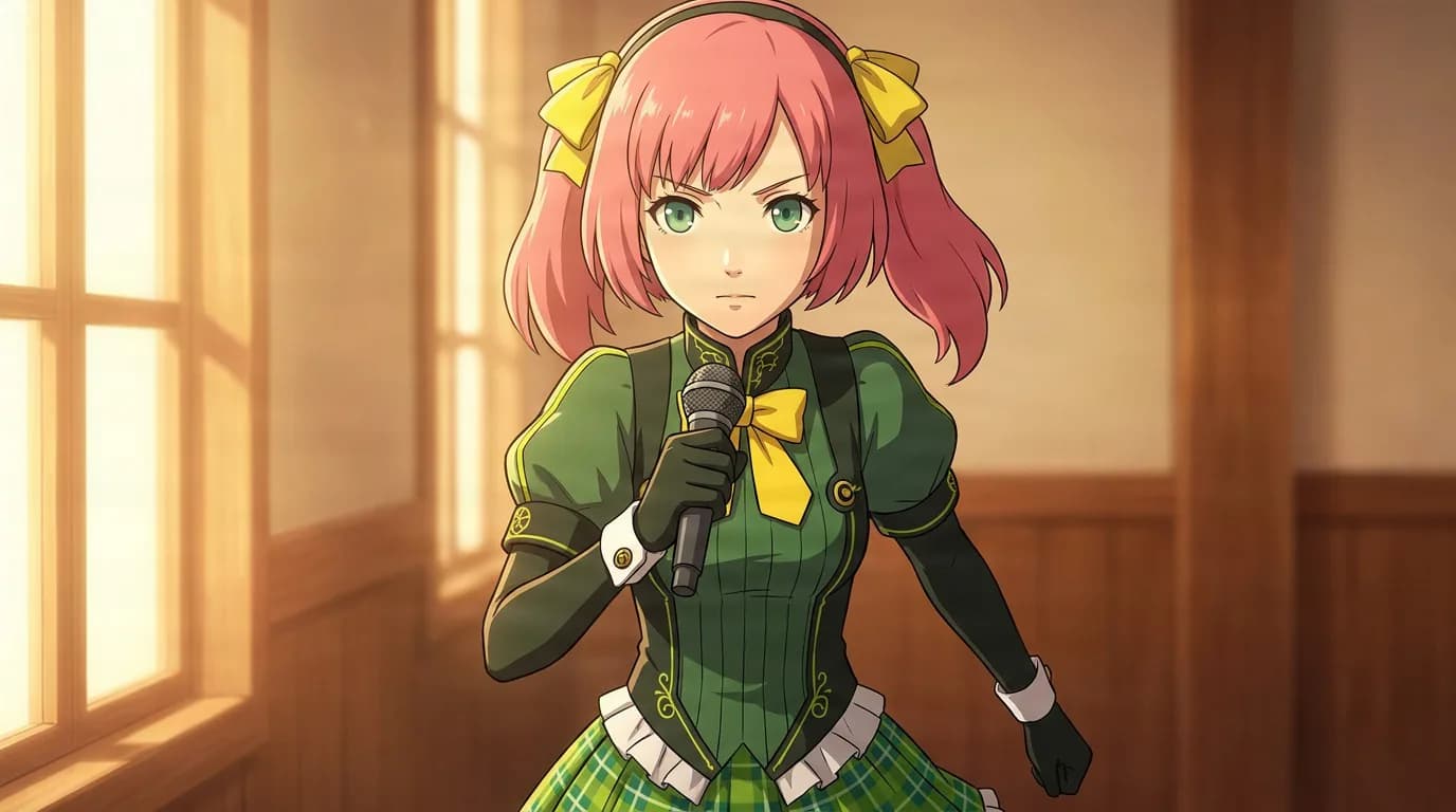 Kotone Mitsuba, a pink-haired girl with yellow bows in a green idol outfit, holding a microphone in a wood-paneled room.