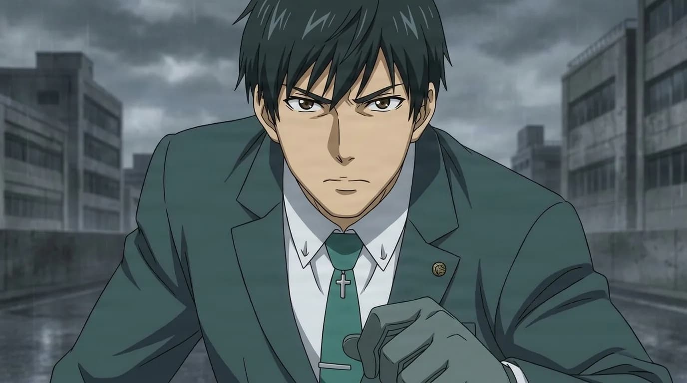 Koutarou Amon, a dark-haired man in a gray suit with a green tie and cross pendant, in a rainy gray cityscape.