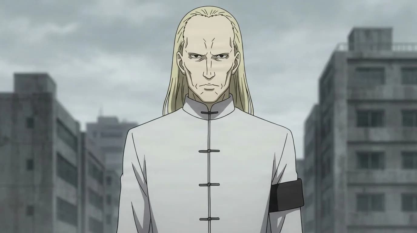 Kyouji Misaka, a stern man with long blond hair and a receding hairline, wearing a white Mandarin-collar jacket with a black armband, standing before ruined grey city buildings.
