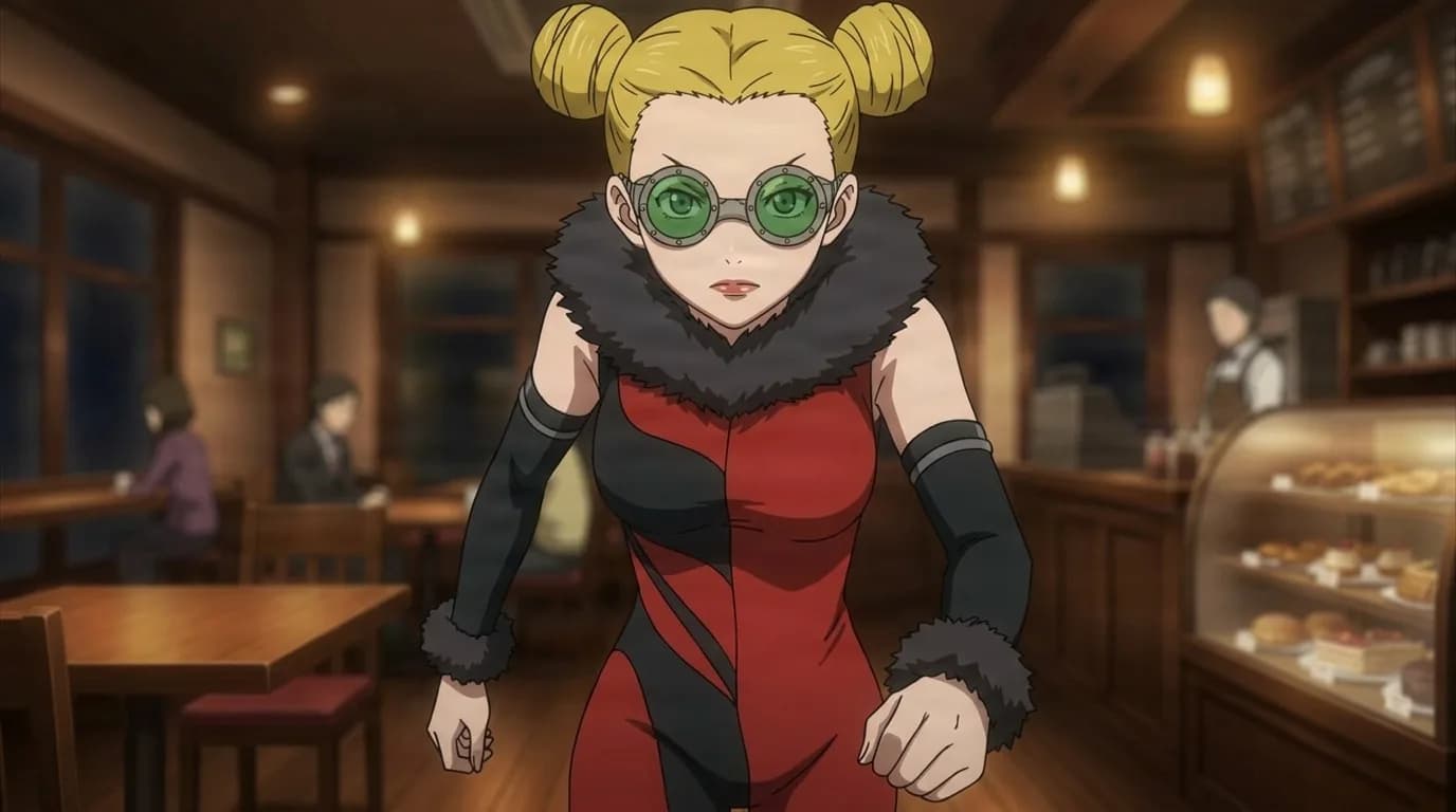 Maiko Abe in round green goggles and a red bodysuit with fur trim, leaning forward inside a warm lit cafe