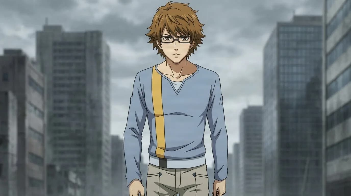 Nishiki Nishio, a light brown-haired man with glasses in a blue shirt, standing before a bleak overcast city skyline.