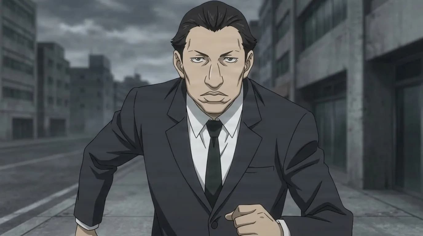 Nobu Shimoguchi leaning forward with fists clenched, grim stare, dark suit and black tie, on an empty grey city street