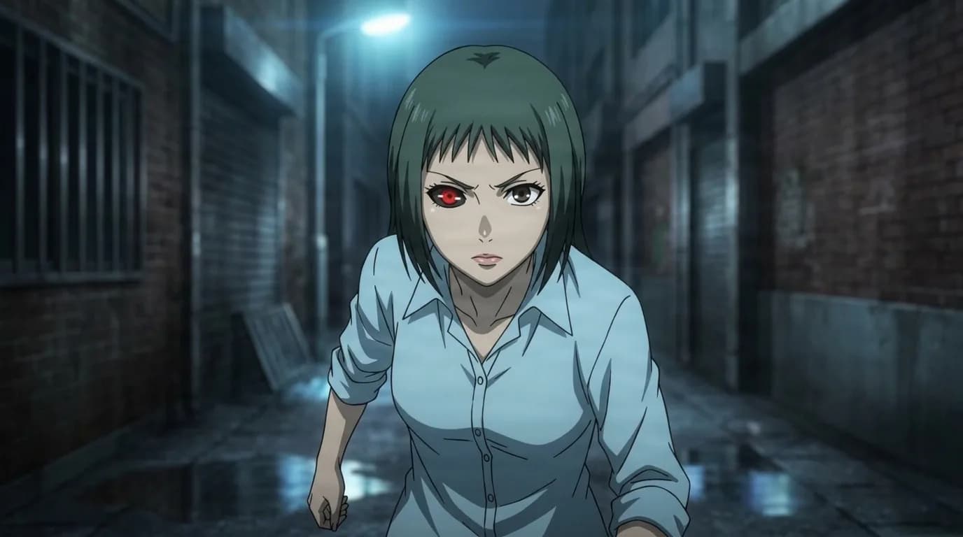 Nutcracker leaning forward in a wet dark alley, one eye glowing red, dark green bob and a pale blue shirt with rolled sleeves