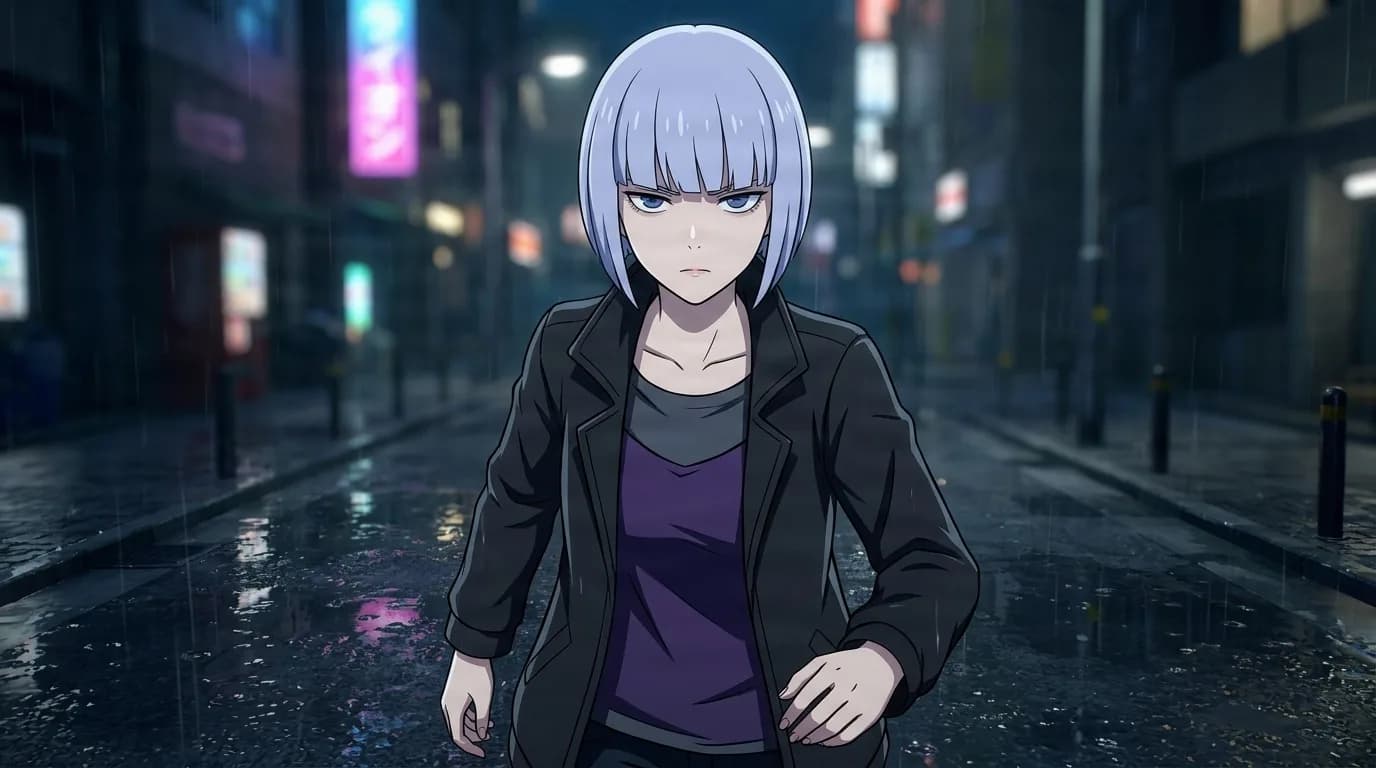 Rikai Souzu walking a rain-slicked neon street at night, pale lavender bob and a dark open coat over a purple top