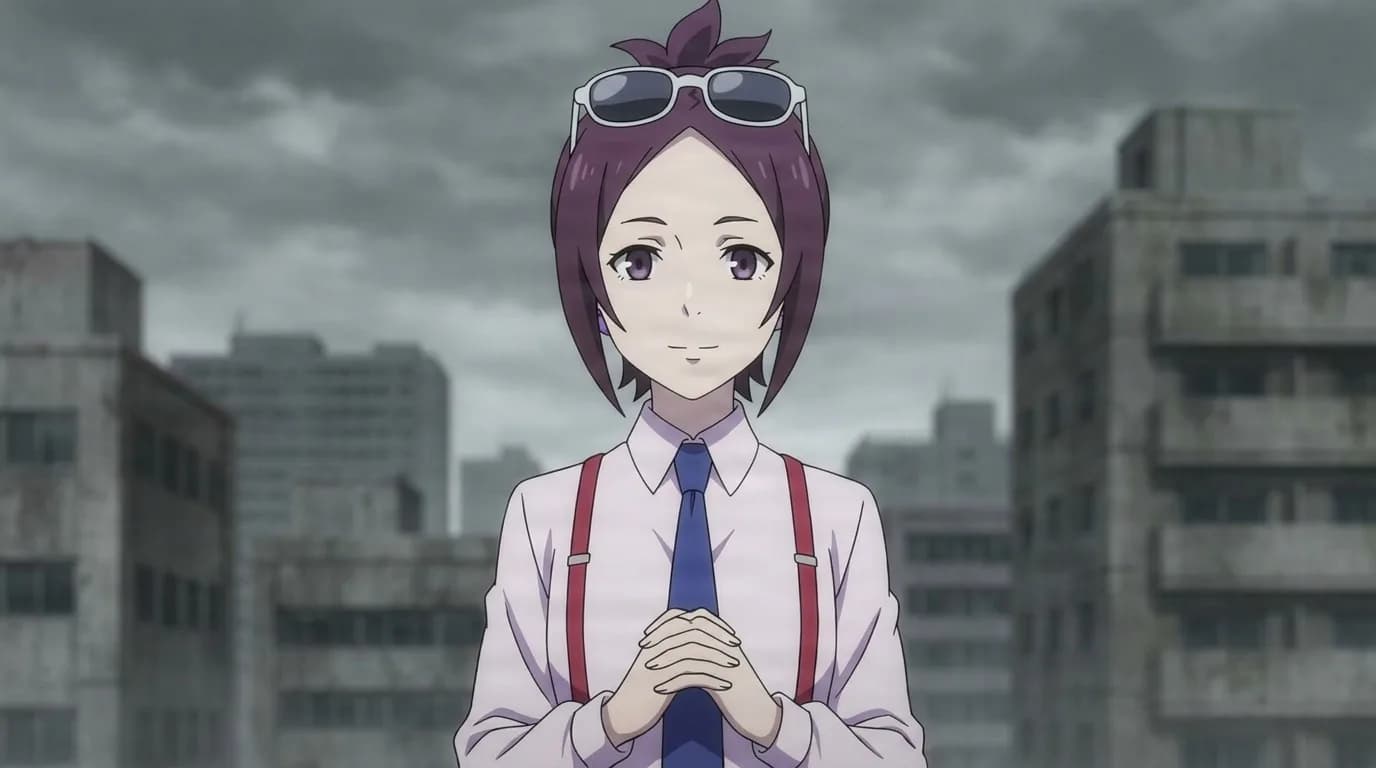 Roma Hoito smiling with hands clasped, sunglasses pushed up into her short purple hair, white shirt with red suspenders and a blue tie, ruined city behind her