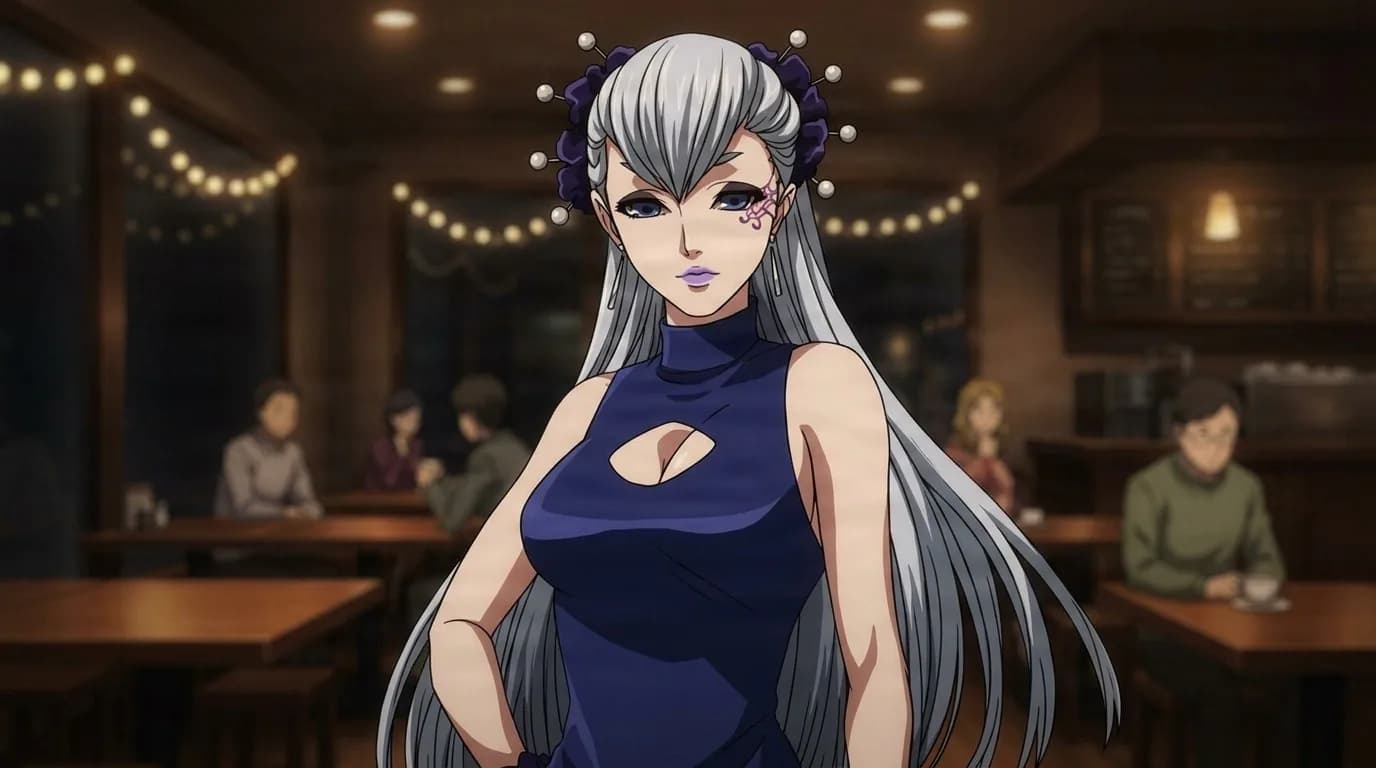 Rou, a silver-haired woman with a facial tattoo and bead hair ornaments, standing in a navy cutout dress inside a dim cafe