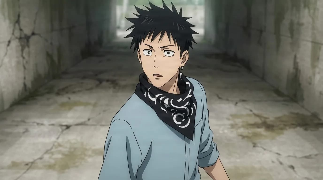 Ryou, a spiky-haired young man in a patterned black bandana, looking startled inside a cracked concrete tunnel