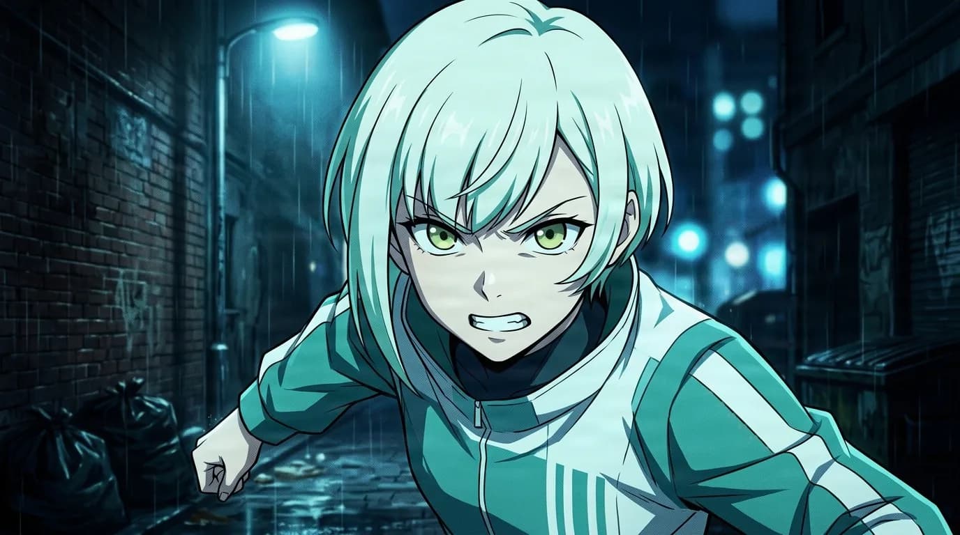 Shio Ihei, a teal-haired girl with a fierce snarling expression, sprinting through a rain-soaked night alley in a green tracksuit