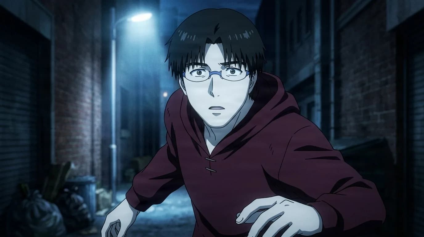 Shuu, a bespectacled young man in a maroon hoodie, crouched tensely in a dark alley beneath a streetlight