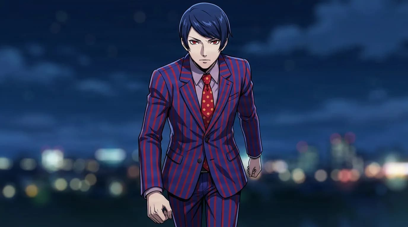 Shuu Tsukiyama, a blue-haired man with red eyes in a red-striped suit and polka-dot tie, before a night city skyline.