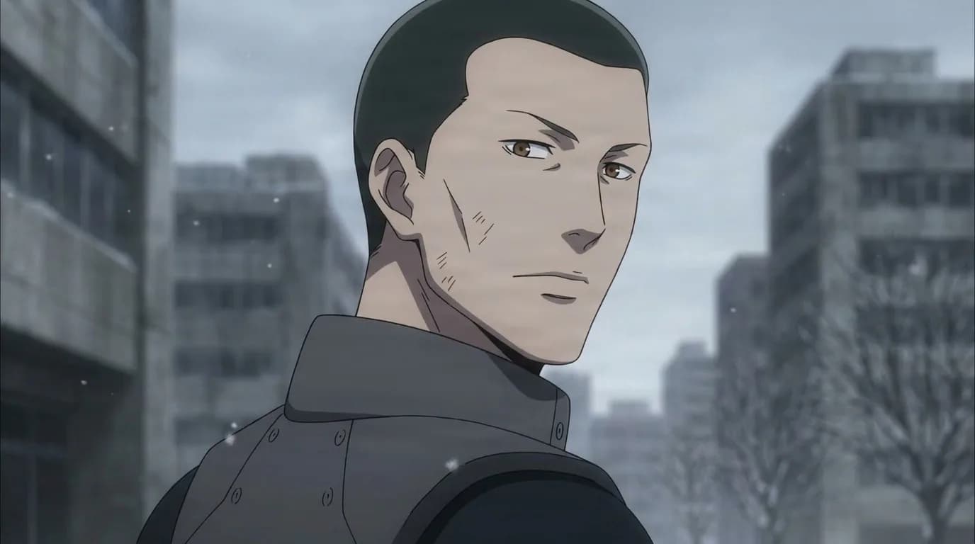 Taishi Fura, slicked dark hair and a scarred cheek, glancing back over his high collared grey coat in a cold grey cityscape
