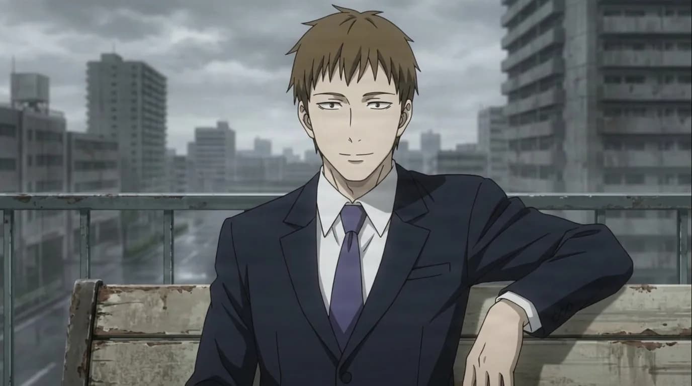 Take Hirako seated on a weathered bench with one arm along the backrest, faint smile, navy suit and purple tie, grey city behind