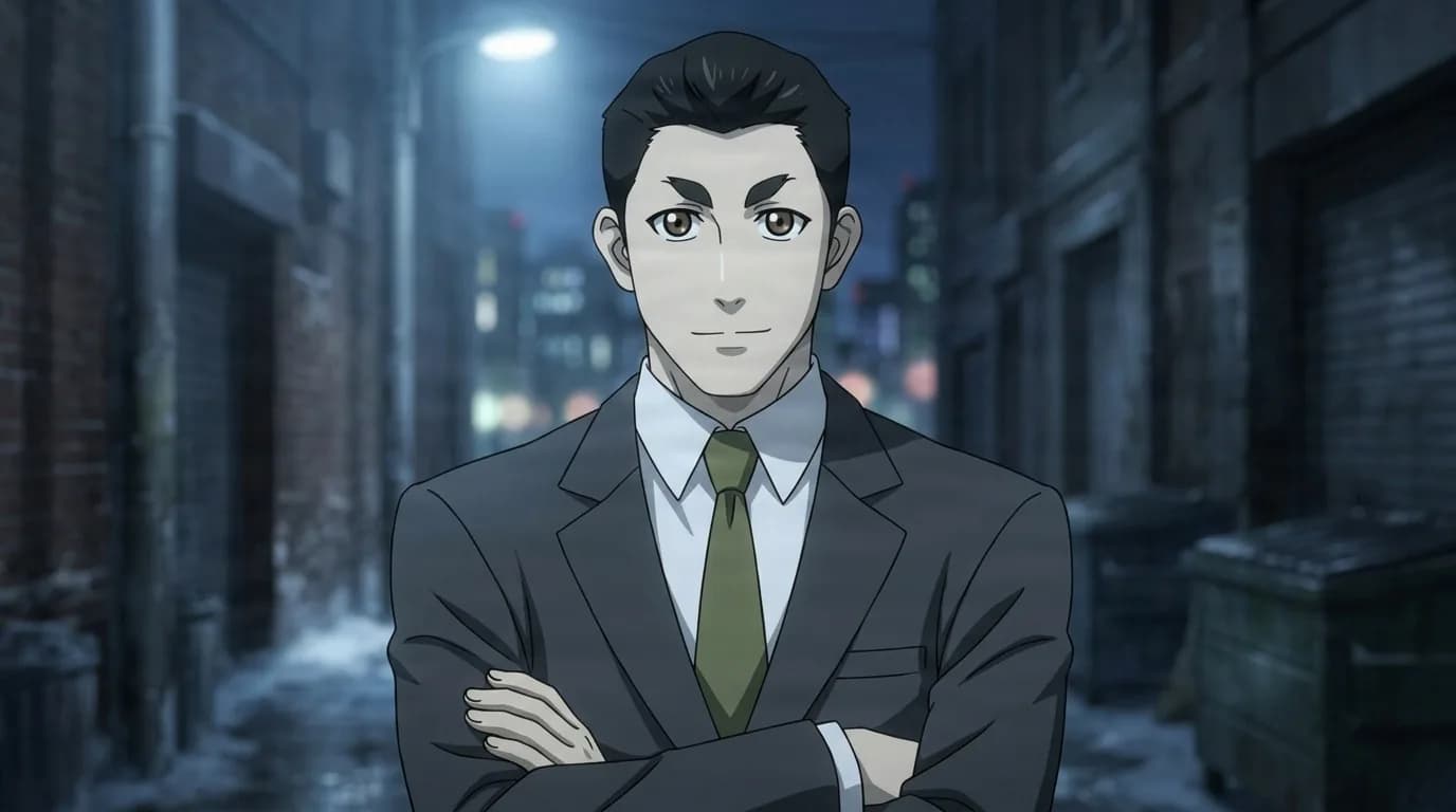 Takeomi Kuroiwa in a grey suit and olive tie, arms folded and faintly smiling, standing in a dim alley under a street lamp at night