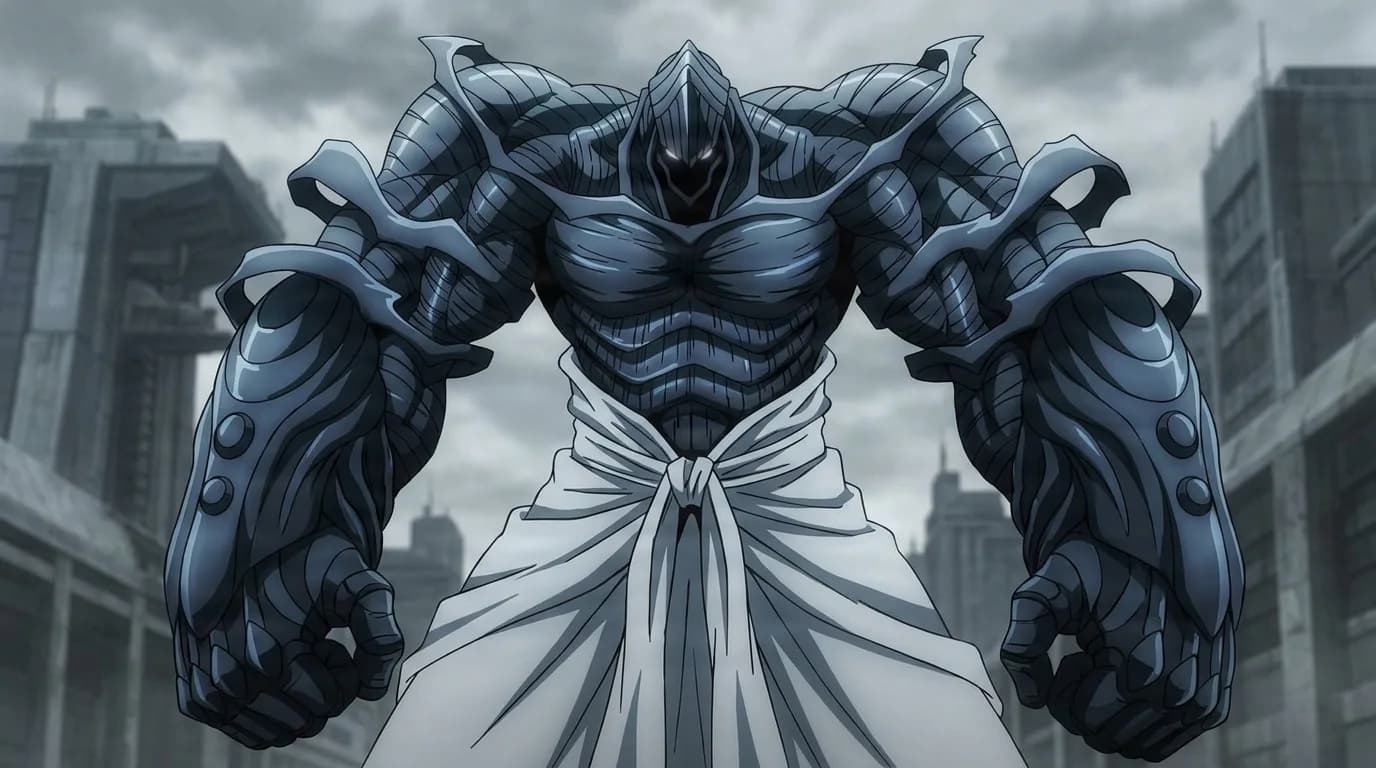Tatara, a towering figure encased in dark segmented armor with a masked helmet and white waist cloth, in a ruined city.