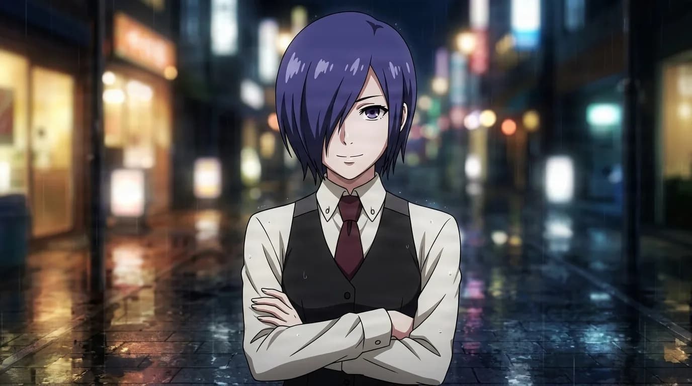Touka smiling faintly with arms crossed on a rainy neon lit street, purple bob, cafe waistcoat and dark red tie