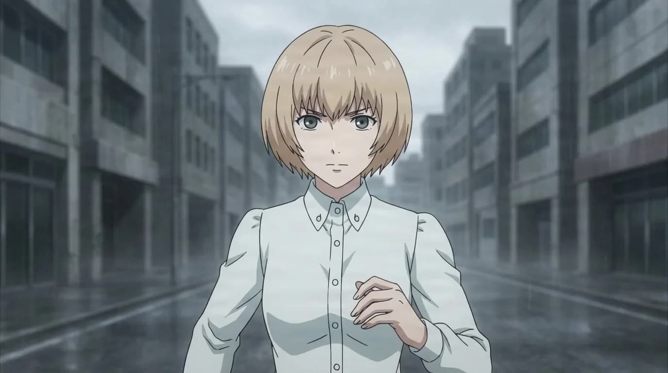 Ukina in a white blouse, one hand raised to her chest, standing on a rain-soaked grey city street