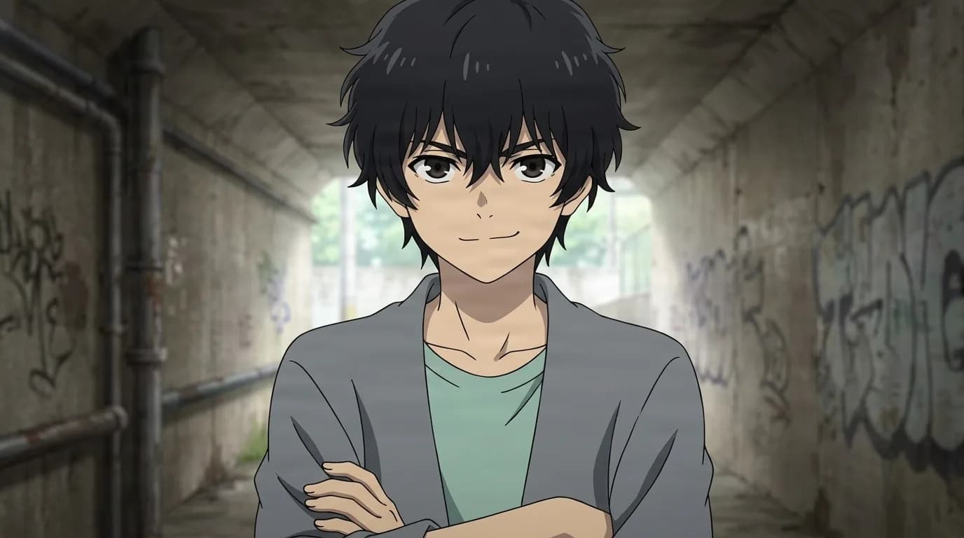 Yusa Arima smiling faintly with arms crossed, a grey cardigan over a mint shirt, standing in a graffiti covered underpass