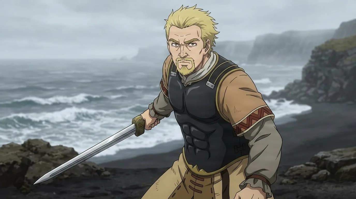 Askeladd with spiked blond hair and a short beard, holding a drawn sword in leather and mail armour on a rocky storm-grey coast